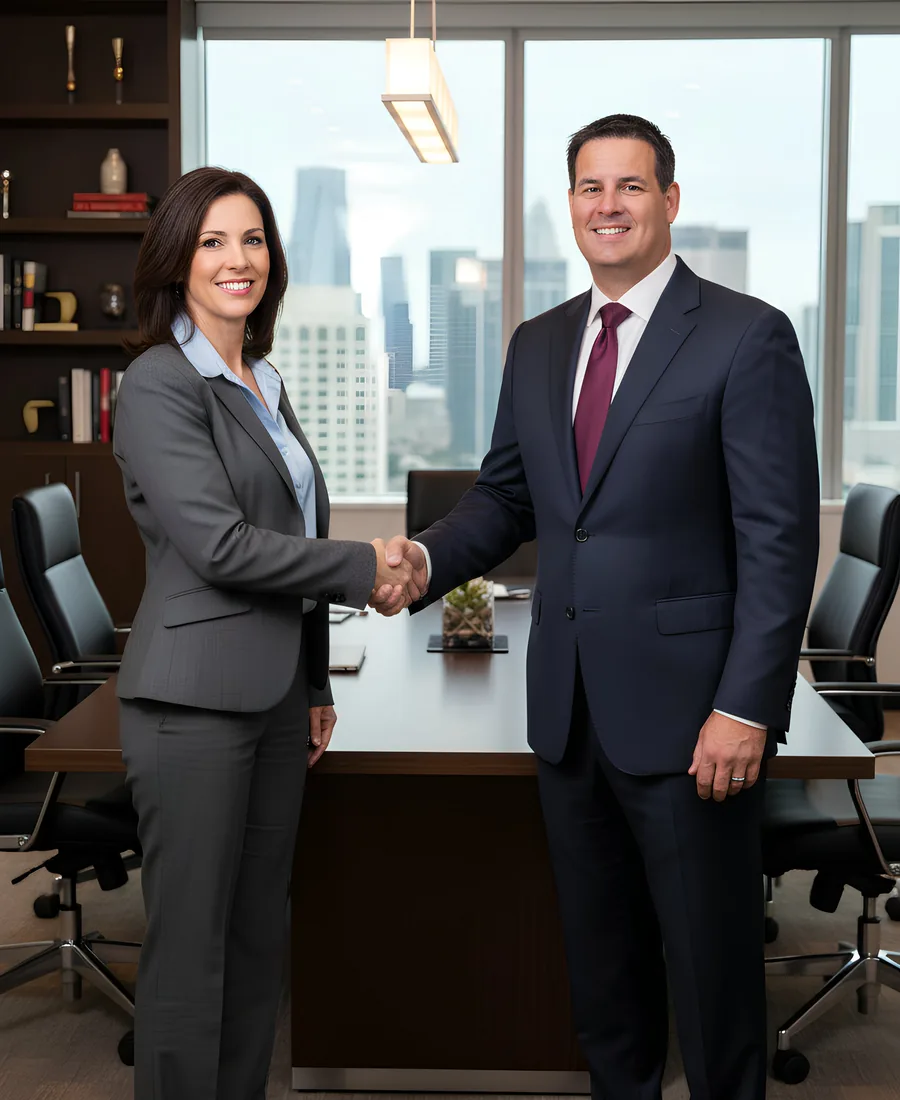 Senior finance executives shaking hands in a boardroom